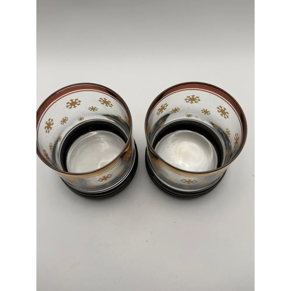 Vintage Style Gold Snowflake Rocks Glasses Black Ribbed Base Set of 2 Holiday